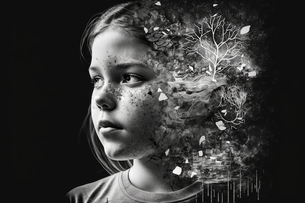 Double exposure of young girl with phone idea for exhibition