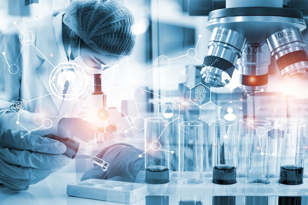 Double exposure Young woman scientific using equipment in the laboratory for research