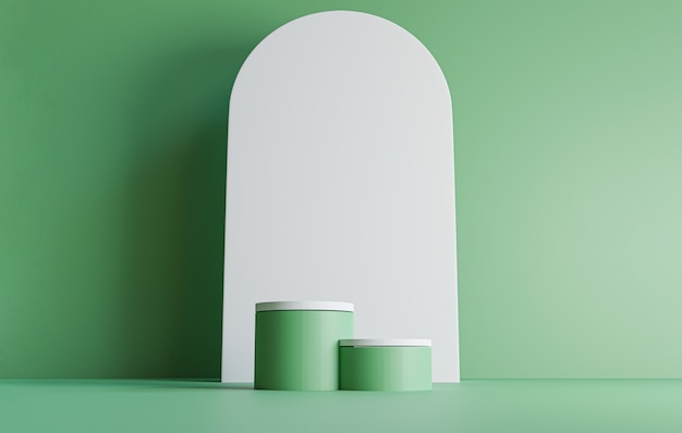 Double green Cylinder podium with minimal white round wall design on green background for ecology product stage display by 3d rendering technique.