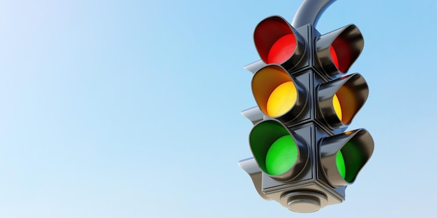 Double hanging traffic light with all three color on empty blue sky background Space 3d render