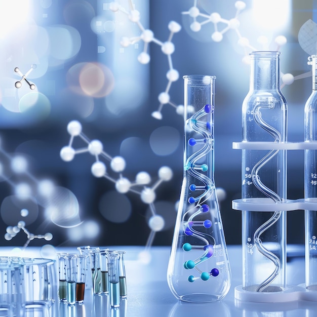 Photo a double helix dna model inside a beaker in a science lab