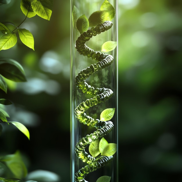 Photo a double helix structure made of green leaves inside a glass tube