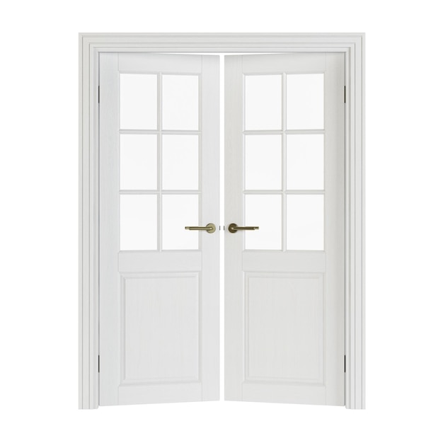 Double-leaf doors with glass. Interior doors isolated on white background. 3D rendering.