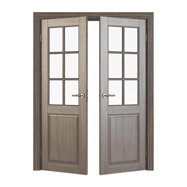 Double-leaf doors with glass. Interior doors isolated on white background. 3D rendering.