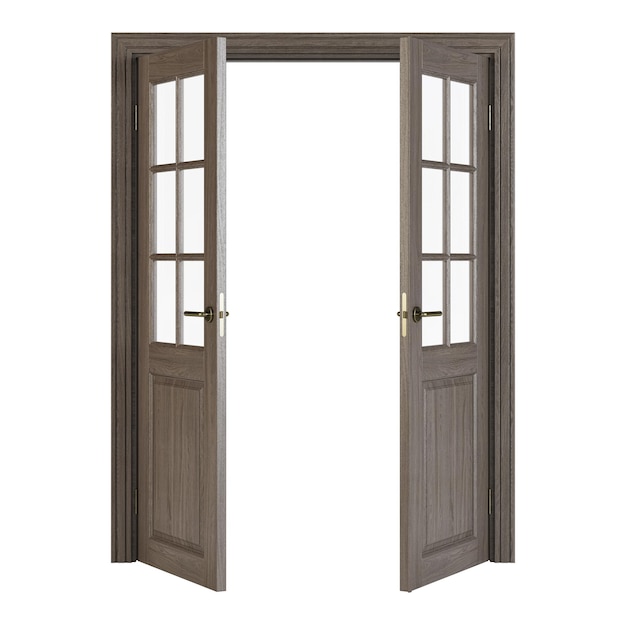 Double-leaf doors with glass. Interior doors isolated on white background. 3D rendering.