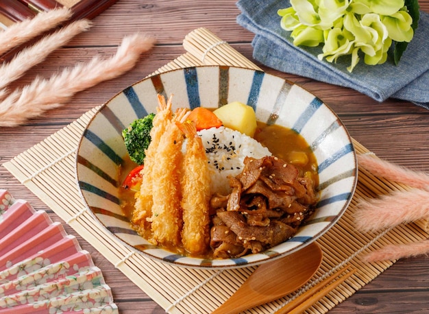 Double Pork and Shrimp Curry Rice served in dish isolated on table top view of taiwan food