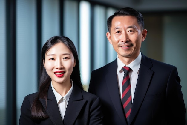 Double portrait of a smiling asian business man and woman in an office created with generative ai