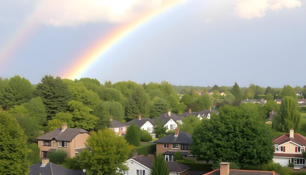 Photo double rainbow over trees and houses in a residential neighborhood isolated with white highlights