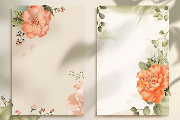 Photo double sided wedding invitation card template with flower bouquet