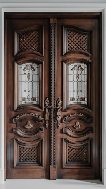 Double wooden doors isolated on whiteold doors handles locks lattices and windows