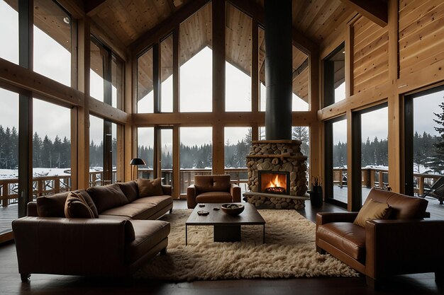 A doubleheight ceiling living room with a large floortoceiling window on one side log cabin