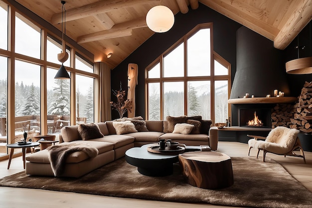 A doubleheight ceiling living room with a large floortoceiling window on one side log cabin