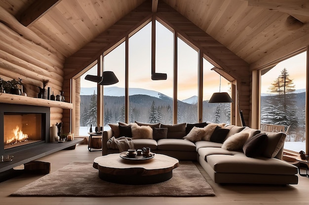 A doubleheight ceiling living room with a large floortoceiling window on one side log cabin