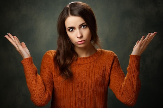 A doubtful woman in an orange sweater faces two choices raising a palm in hesitation