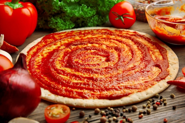 Dough basis with ketchup and ingredients for pizza on the table