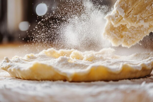 Photo dough being dusted with flour during baking