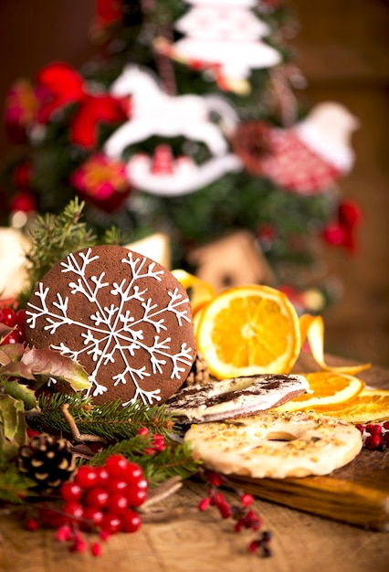 Dough ingredients and decorations on vintage planked wood table from above Rural kitchen layout with free text space