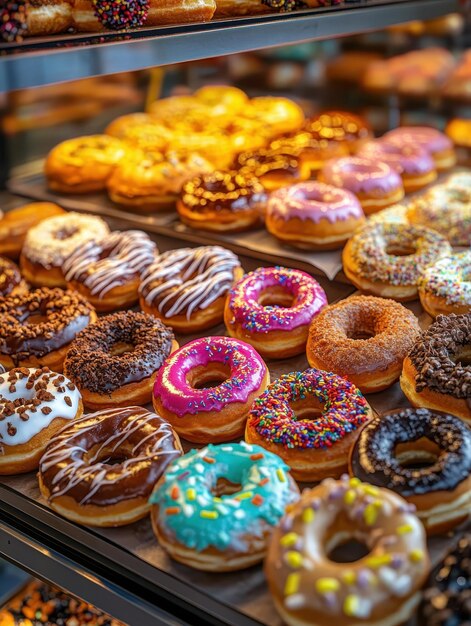 Photo doughnut shop display with a variety of flavors