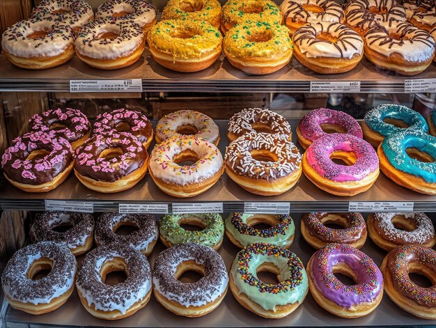 Photo doughnut shop display with a variety of flavors