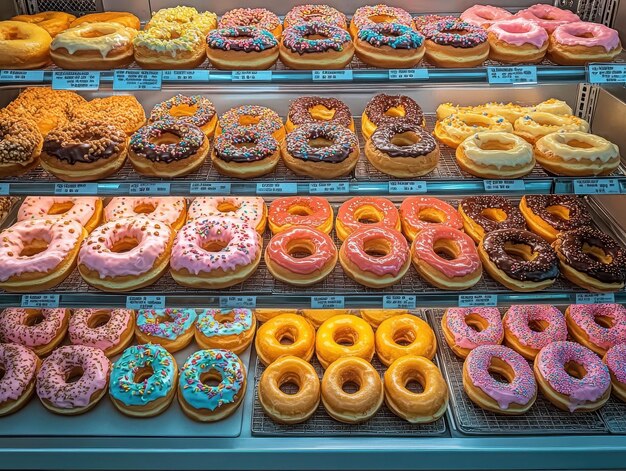 Photo doughnut shop display with a variety of flavors