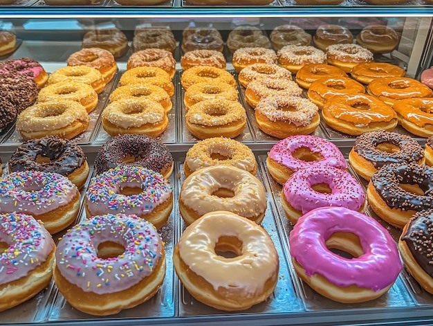 Photo doughnut shop display with a variety of flavors