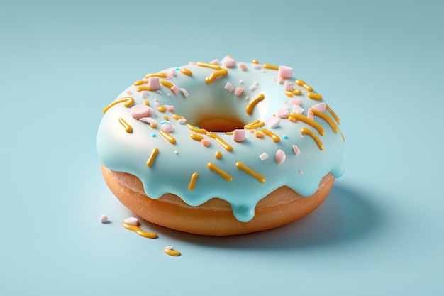 Doughnut with sprinkles isolated on a pastel blue background, glazed donut