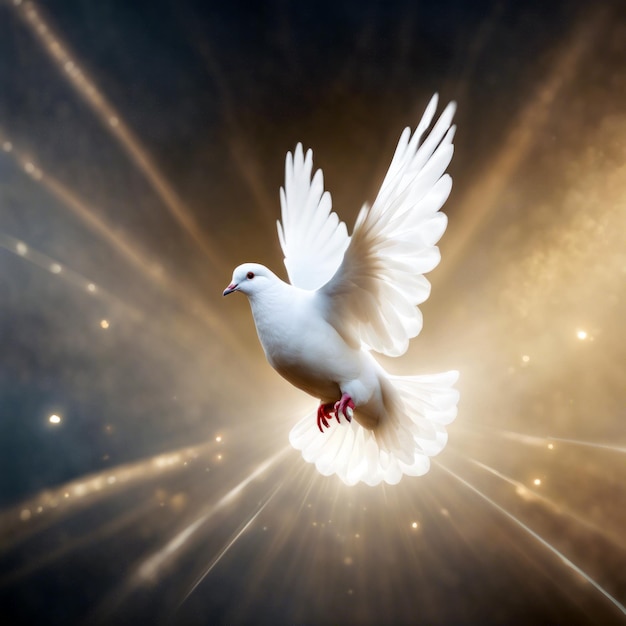 a dove flying in the air with the sun shining behind it