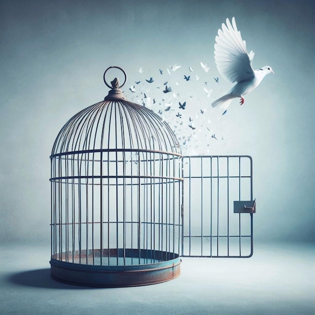 Dove Flying Free from Open Bird Cage A Symbol of Human Rights for All