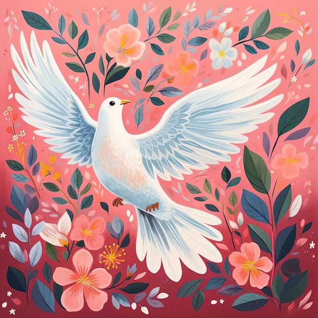 dove flying in a pink background