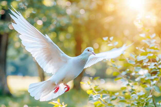 Dove flying with open wings in front of the sun