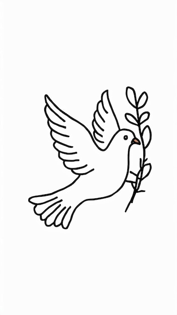 Photo dove of peace and freedom in simple linear style flying cute pigeon holding a branch