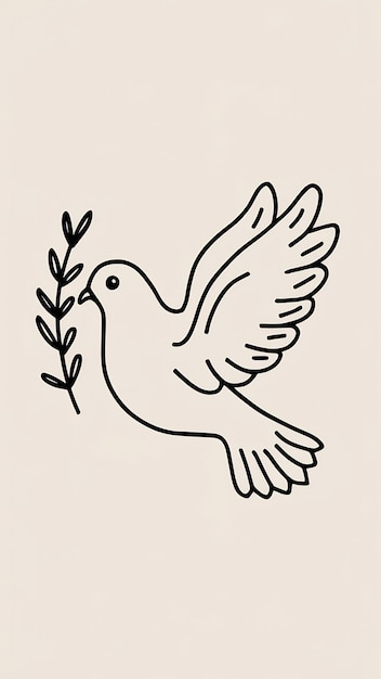 Photo dove of peace and freedom in simple linear style flying cute pigeon holding a branch