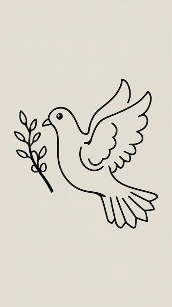 Photo dove of peace and freedom in simple linear style flying cute pigeon holding a branch