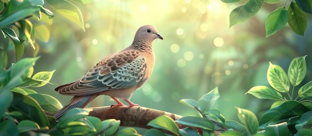 Dove Perched on a Branch in a Sunlit Forest