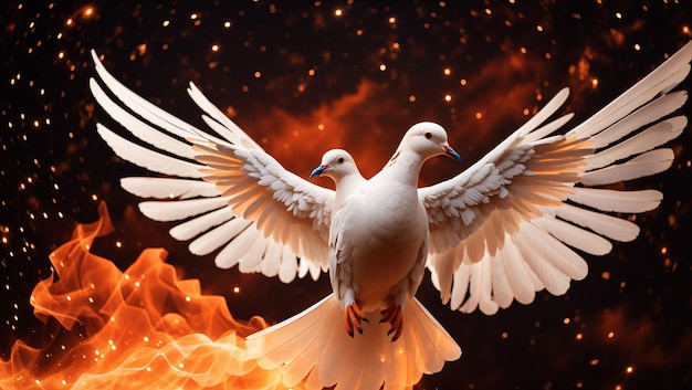 a dove that is flying in the air with flames in the background