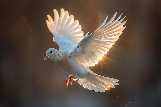 a dove with a red beak is flying in the air