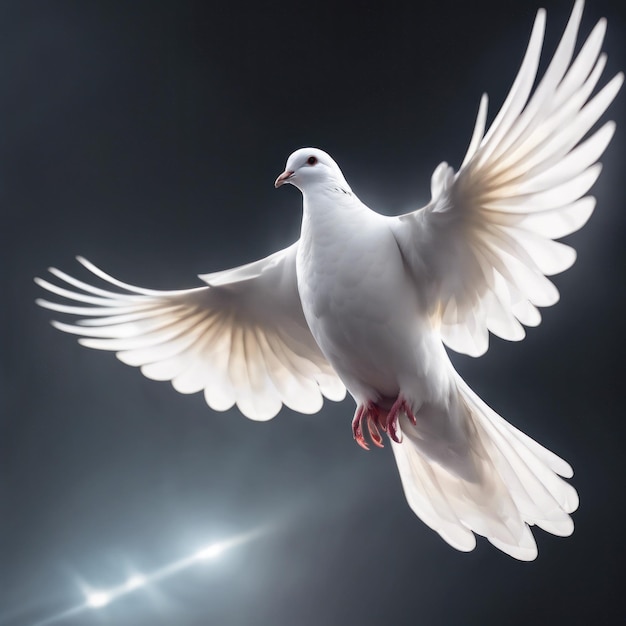 a dove with wings spread out in the air with a bright light behind it