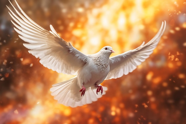 A dove with wings wide open flies in front of an orange fire.