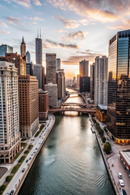 down the Chicago River from above at sunset