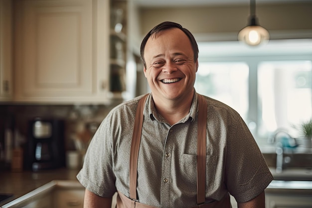 Down syndrome man at home with a happy face standing and smiling with a confident smile showing teeth Generative Ai