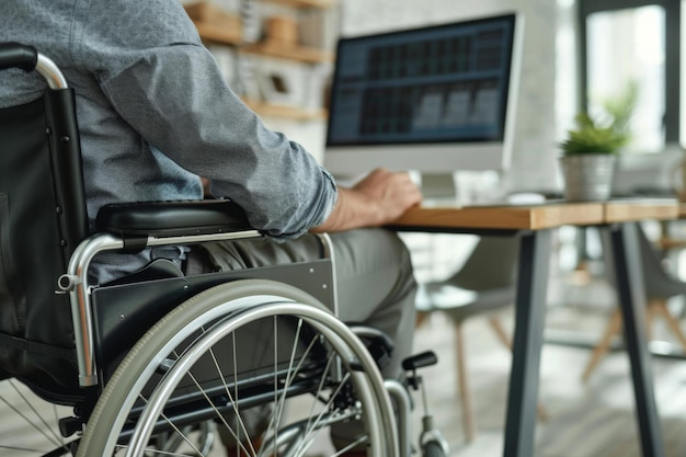 Down Syndrome or sick person Disabled in a wheelchair Working on a computer at office Future labor