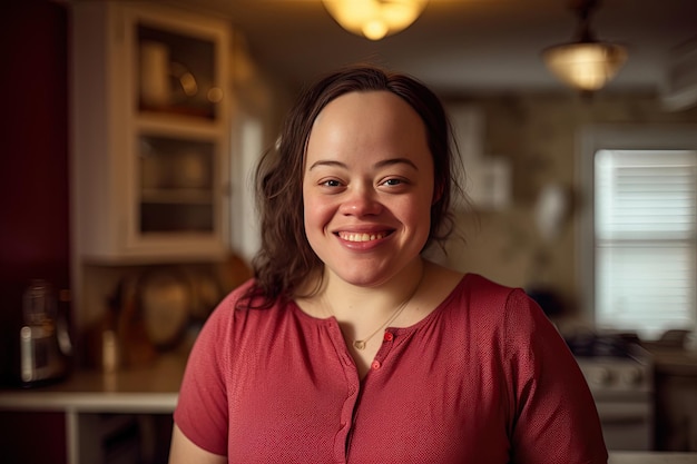 Down syndrome woman at home with a happy face standing and smiling with a confident smile showing teeth Generative Ai