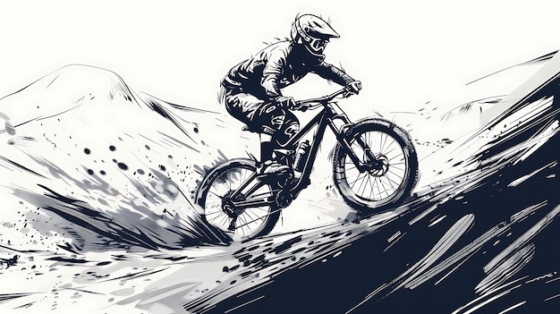 Downhill mountain biker rides through the mountain Black and white illustration