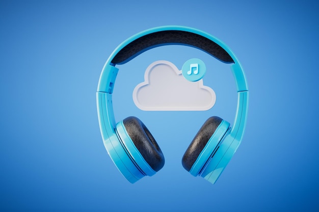 Downloading music from cloud storage Cloud storage and headphones on a blue background 3D render