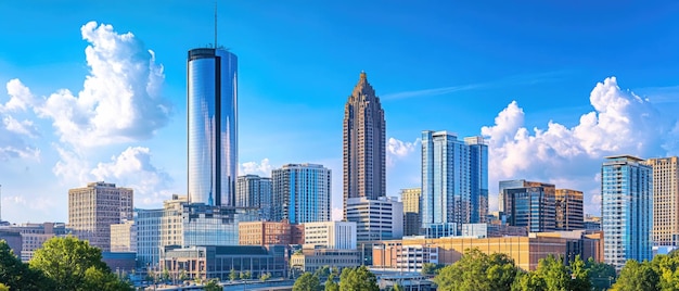 Downtown Atlanta Skyline showing several prominent buildings and hotels under a blue sky