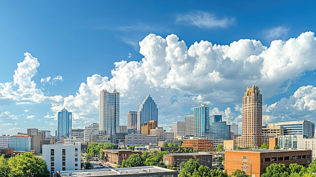 Downtown Atlanta Skyline showing several prominent buildings and hotels under a blue sky