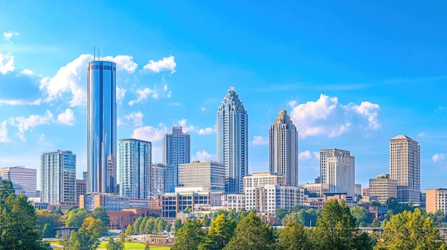 Downtown Atlanta Skyline showing several prominent buildings and hotels under a blue sky