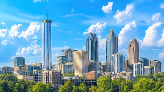 Downtown Atlanta Skyline showing several prominent buildings and hotels under a blue sky