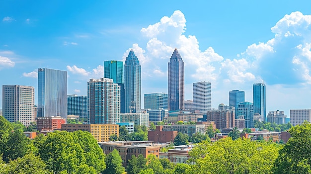 Downtown Atlanta Skyline showing several prominent buildings and hotels under a blue sky