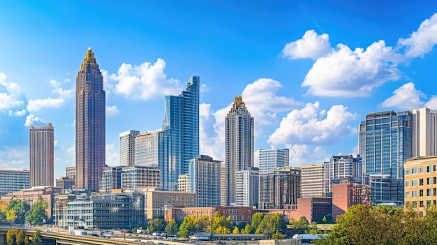 Downtown Atlanta Skyline showing several prominent buildings and hotels under a blue sky